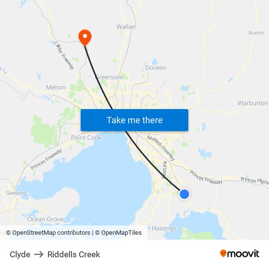 Clyde to Riddells Creek map