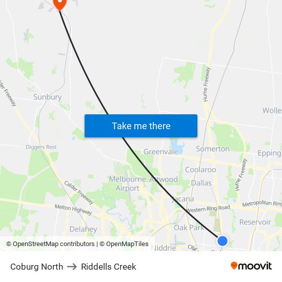 Coburg North to Riddells Creek map