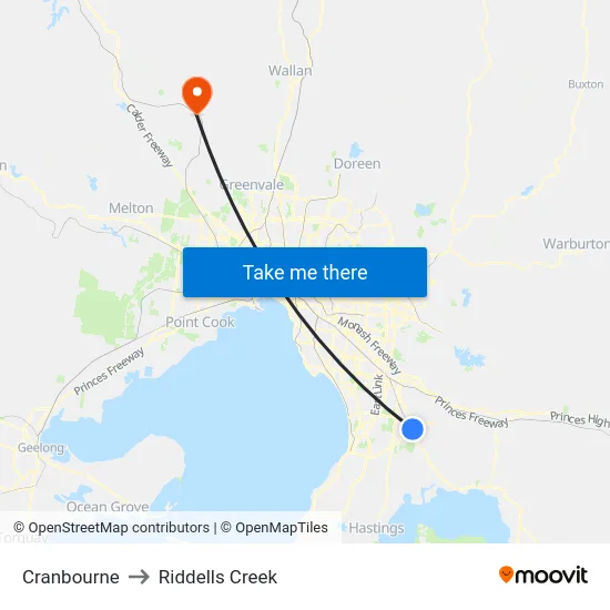 Cranbourne to Riddells Creek map