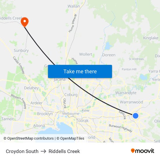 Croydon South to Riddells Creek map