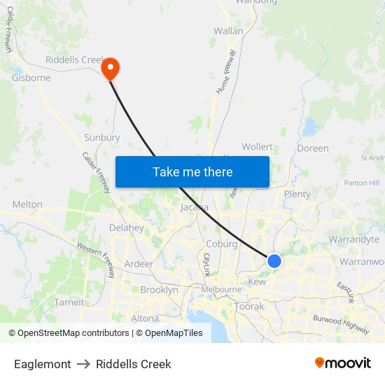 Eaglemont to Riddells Creek map