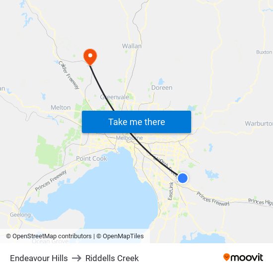 Endeavour Hills to Riddells Creek map