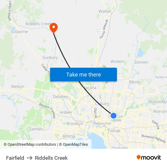 Fairfield to Riddells Creek map