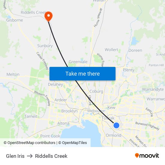 Glen Iris to Riddells Creek map