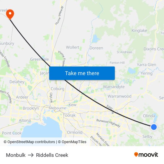 Monbulk to Riddells Creek map