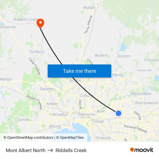 Mont Albert North to Riddells Creek map