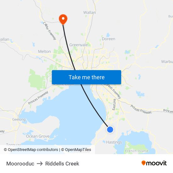 Moorooduc to Riddells Creek map