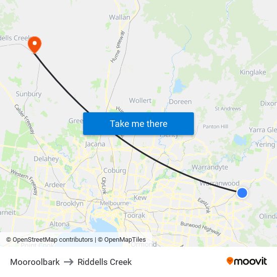 Mooroolbark to Riddells Creek map