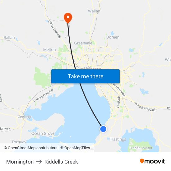 Mornington to Riddells Creek map