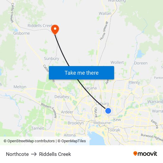 Northcote to Riddells Creek map