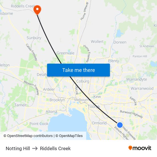 Notting Hill to Riddells Creek map