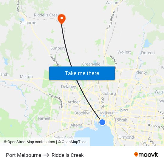 Port Melbourne to Riddells Creek map