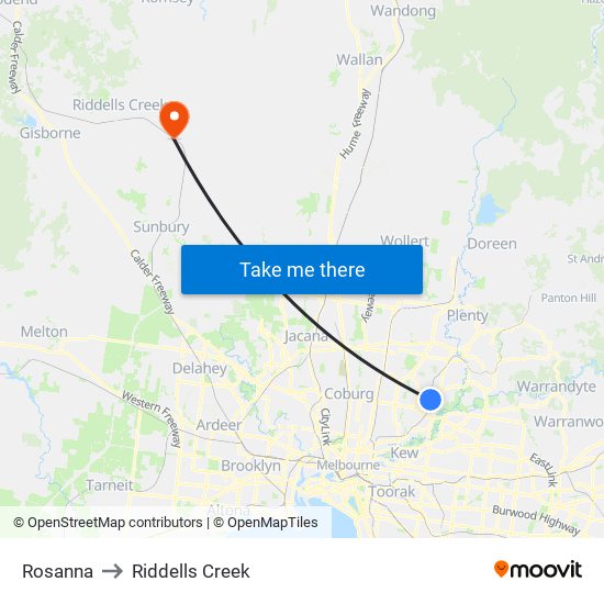 Rosanna to Riddells Creek map