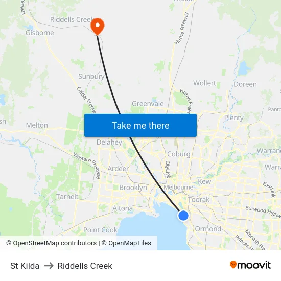 St Kilda to Riddells Creek map