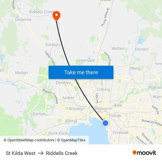 St Kilda West to Riddells Creek map