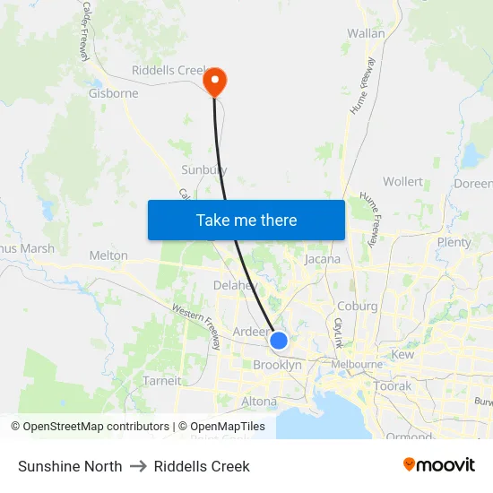 Sunshine North to Riddells Creek map
