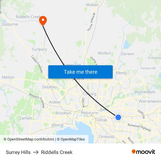 Surrey Hills to Riddells Creek map