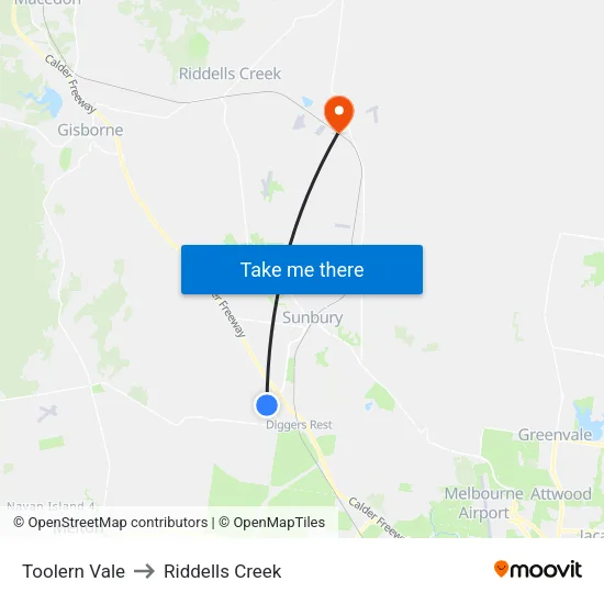 Toolern Vale to Riddells Creek map