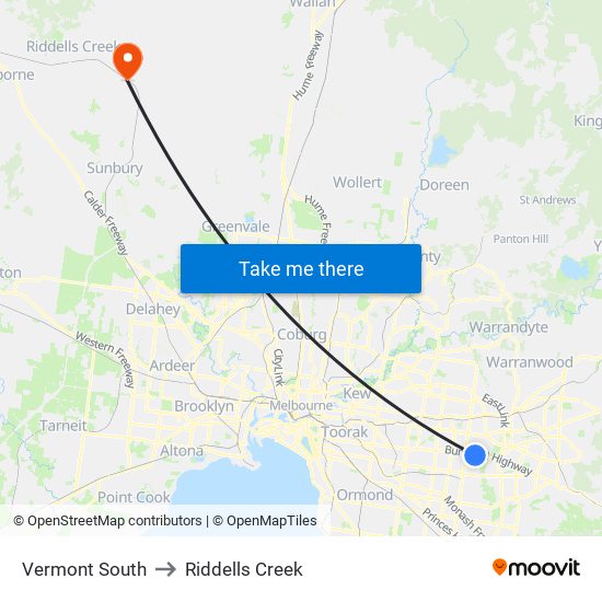 Vermont South to Riddells Creek map