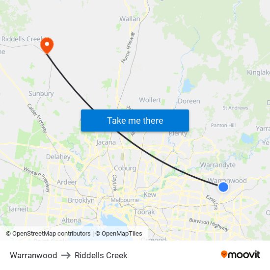 Warranwood to Riddells Creek map