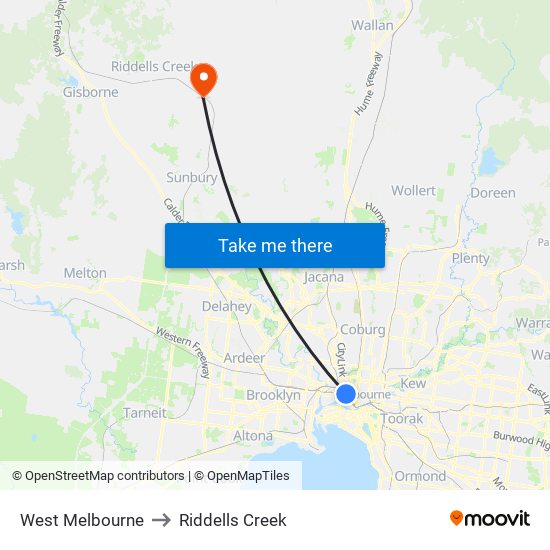 West Melbourne to Riddells Creek map