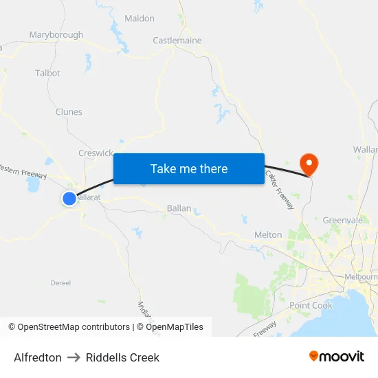 Alfredton to Riddells Creek map