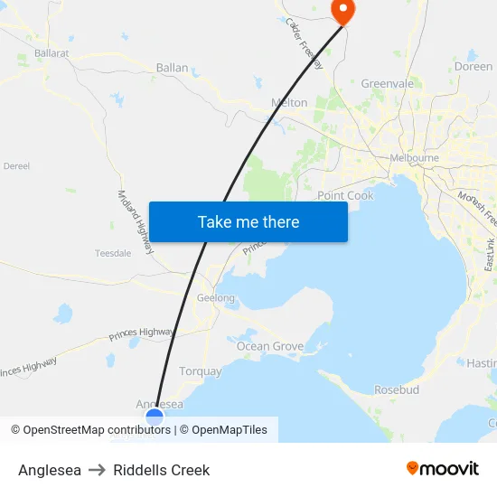 Anglesea to Riddells Creek map