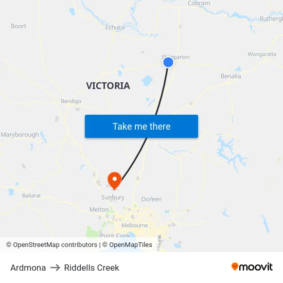 Ardmona to Riddells Creek map