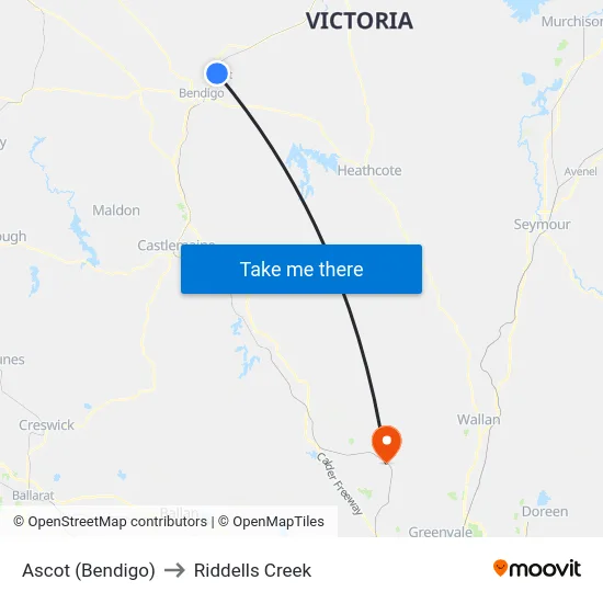 Ascot (Bendigo) to Riddells Creek map