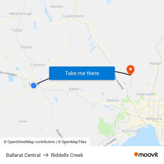 Ballarat Central to Riddells Creek map