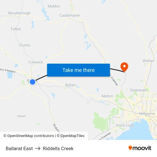 Ballarat East to Riddells Creek map