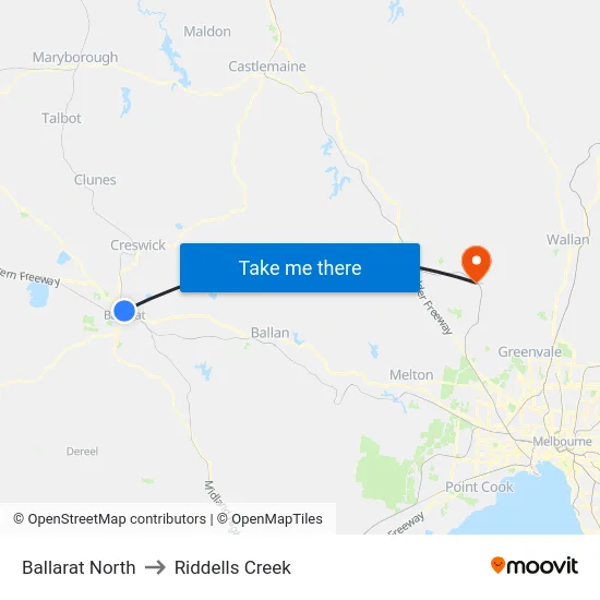 Ballarat North to Riddells Creek map