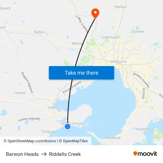 Barwon Heads to Riddells Creek map