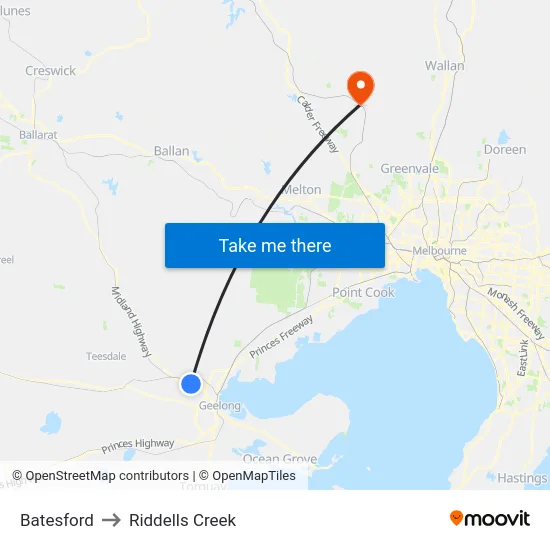 Batesford to Riddells Creek map