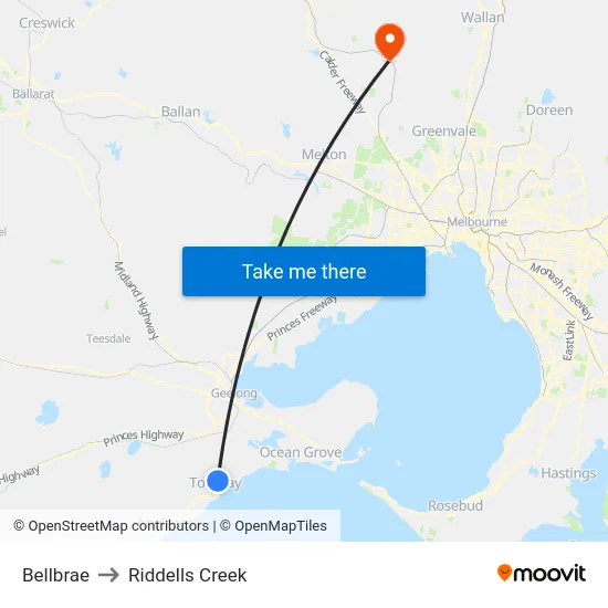 Bellbrae to Riddells Creek map