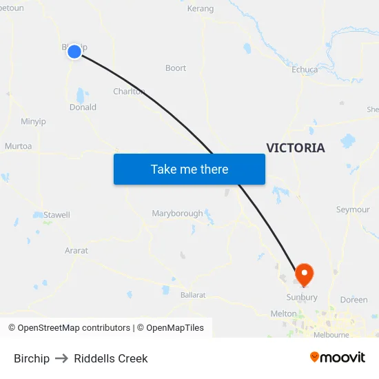 Birchip to Riddells Creek map