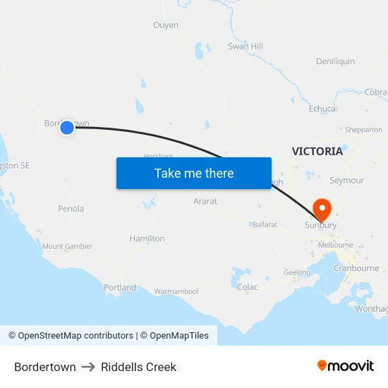 Bordertown to Riddells Creek map