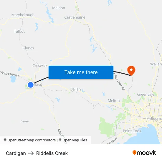 Cardigan to Riddells Creek map