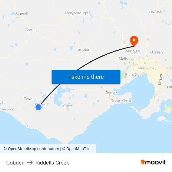 Cobden to Riddells Creek map