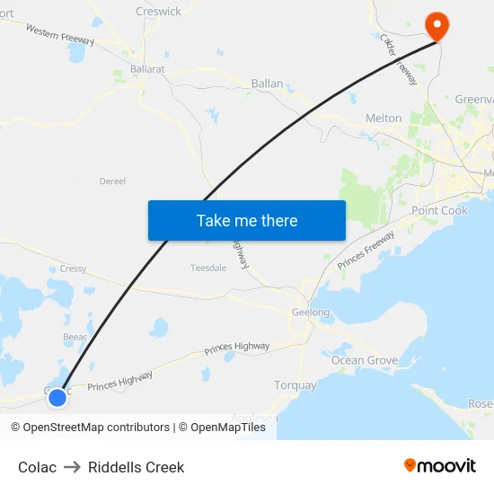 Colac to Riddells Creek map