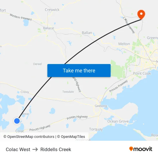 Colac West to Riddells Creek map