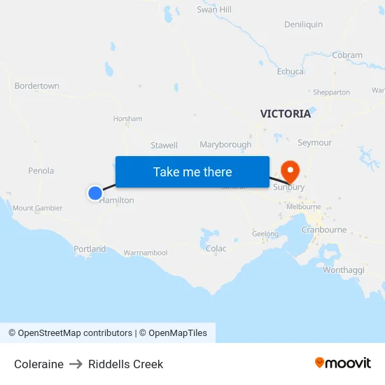 Coleraine to Riddells Creek map