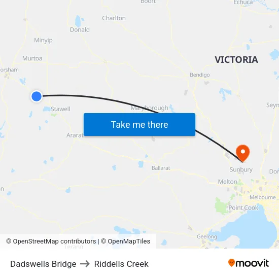 Dadswells Bridge to Riddells Creek map