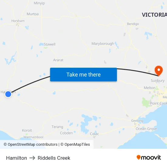 Hamilton to Riddells Creek map