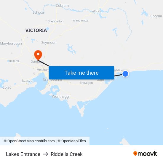 Lakes Entrance to Riddells Creek map