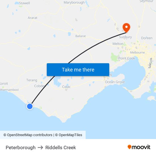 Peterborough to Riddells Creek map