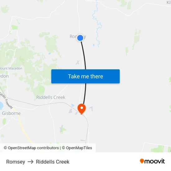 Romsey to Riddells Creek map