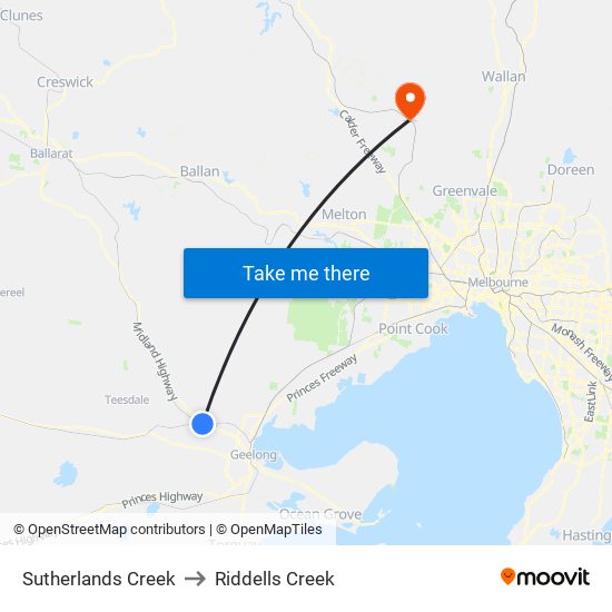 Sutherlands Creek to Riddells Creek map