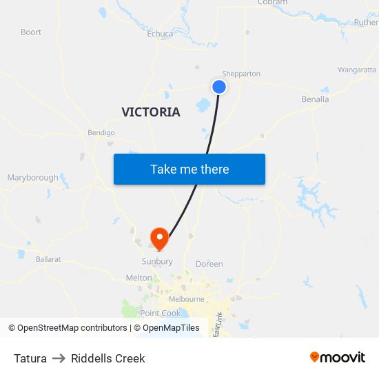 Tatura to Riddells Creek map