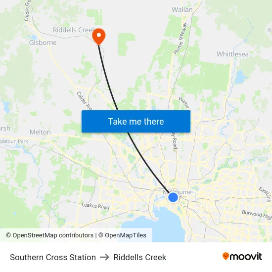 Southern Cross Station to Riddells Creek map